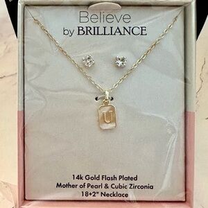 Gold Flash Plated Initial “U” MOP & Cubic Zirconia Necklace And Stud Earring Set